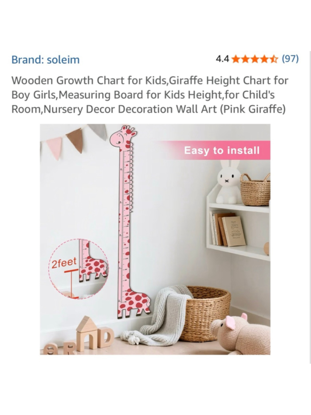 Kids soleim Pink Red Giraffe Height Chart Wall Decor One Size